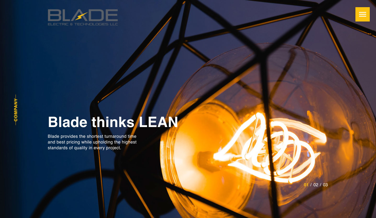 Screenshot of Blade Electric & Technologies LLC website homepage slider design with light bulb image on desktop