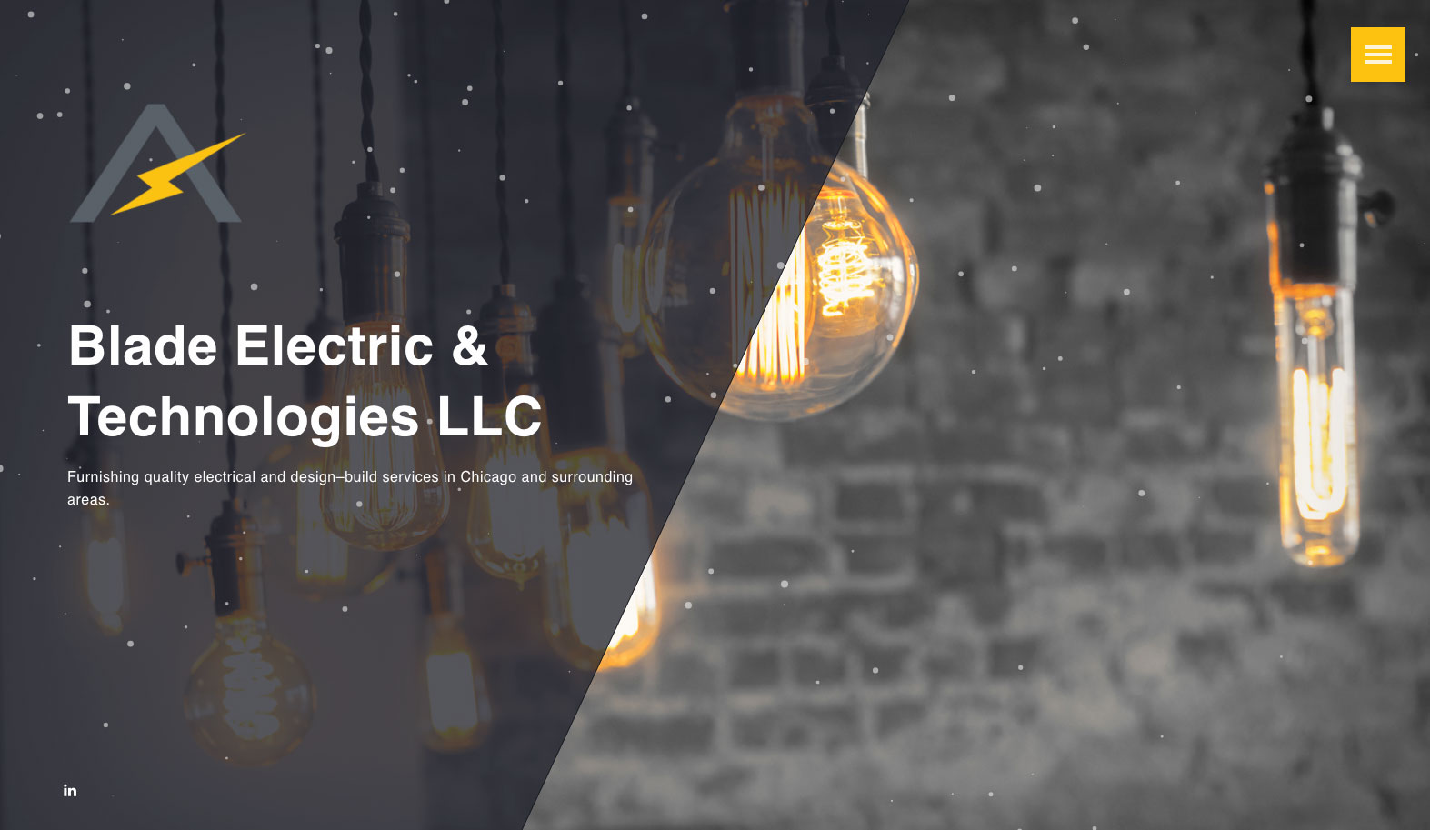 Screenshot of Blade Electric & Technologies LLC website homepage slider design with light bulb image on desktop