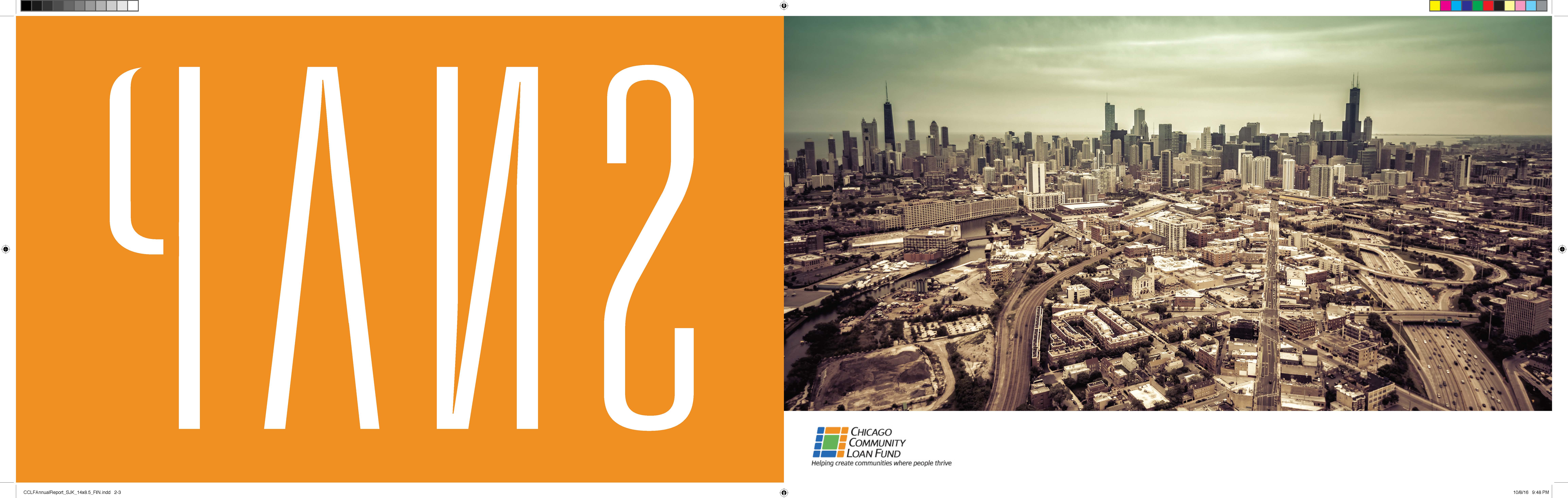 Internal print spread design from the Chicago Community Loan Fund annual report cover design