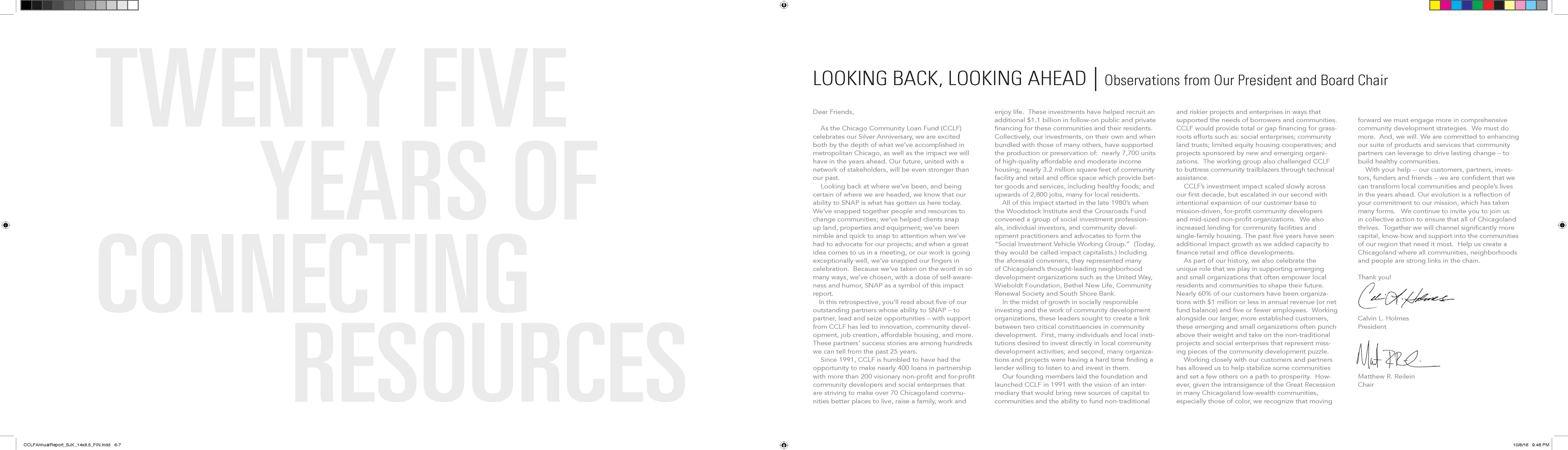 Internal print spread design from the Chicago Community Loan Fund annual report cover design