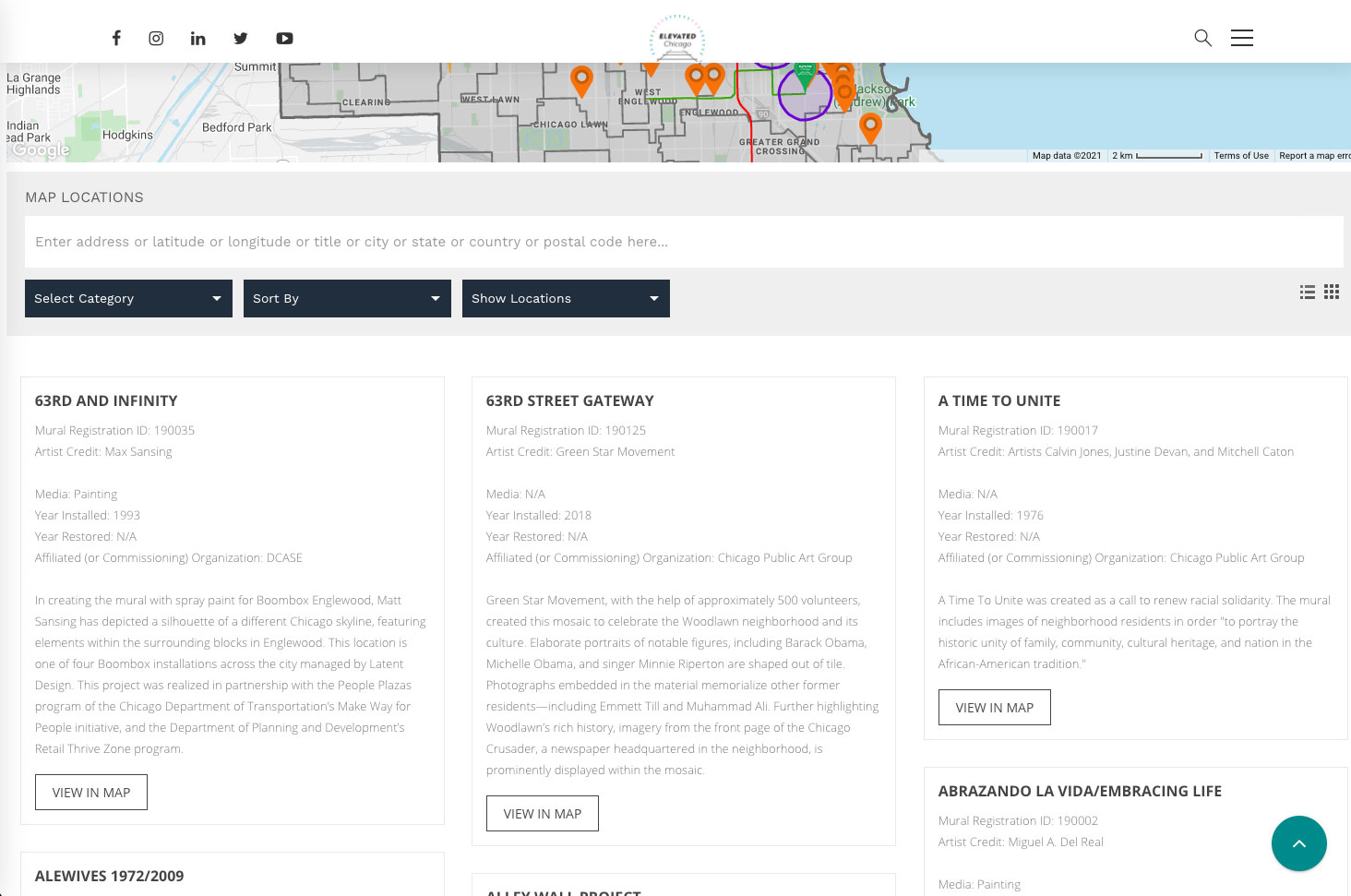 desktop screenshot of interactive map listing on the Elevated Chicago website design