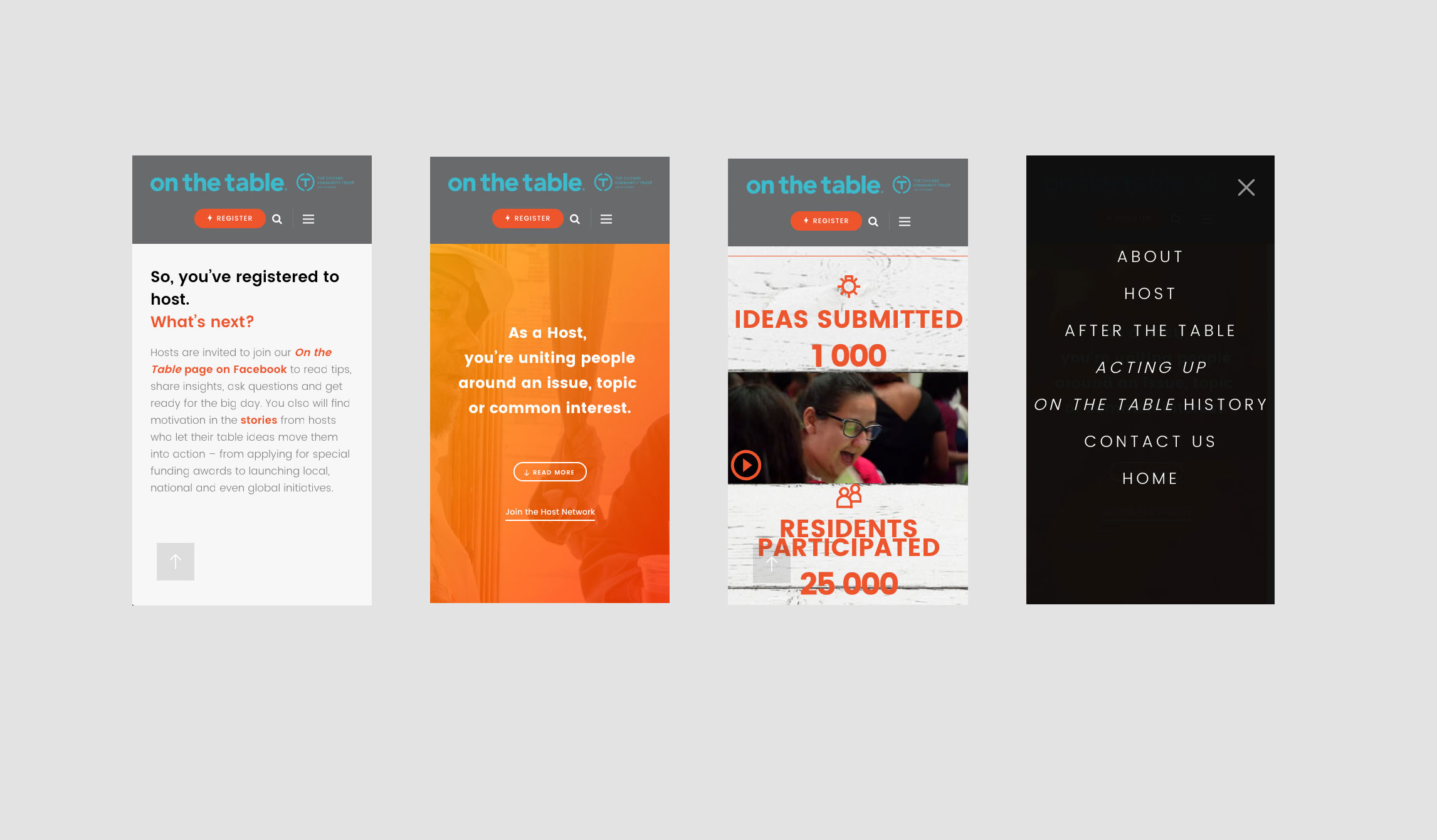 mobile device Screnshots of various pages from the On The Table website
