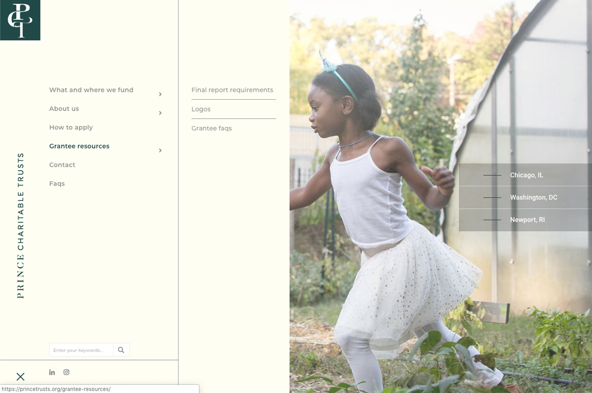 Image of Prince Charitable Trusts Website menu with photo by Becky Harlan of Building Bridges Accross The River