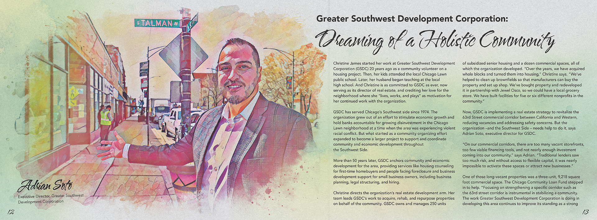 Internal print spread design from the Chicago Community Loan Fund annual report cover design