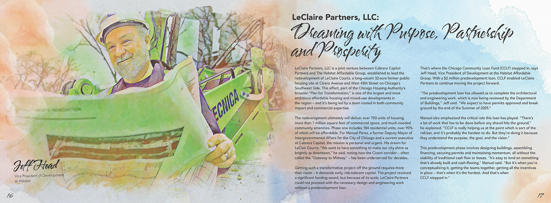 Internal print spread design from the Chicago Community Loan Fund annual report cover design