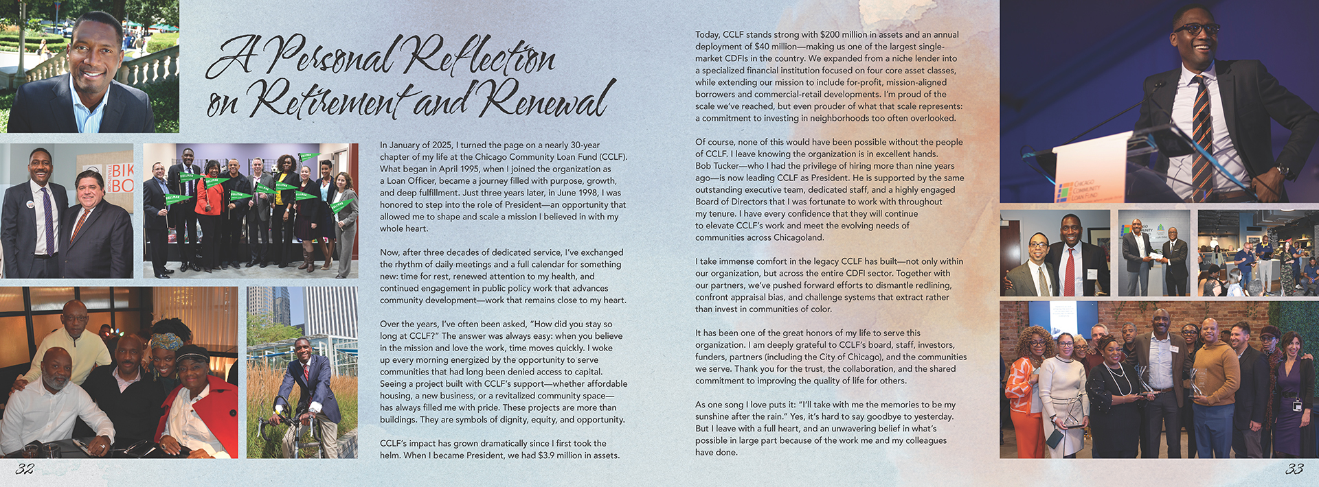 Internal print spread design from the Chicago Community Loan Fund annual report cover design